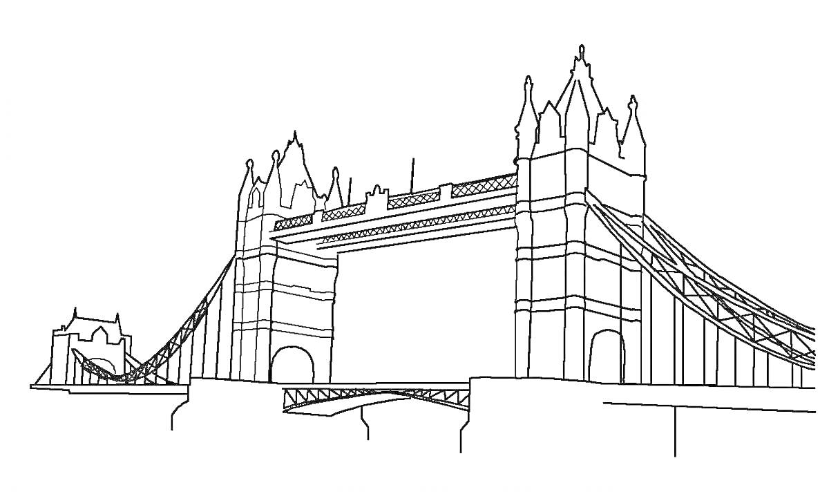 Раскраска Тауэрский мост с двумя башнями и висячими конструкциями