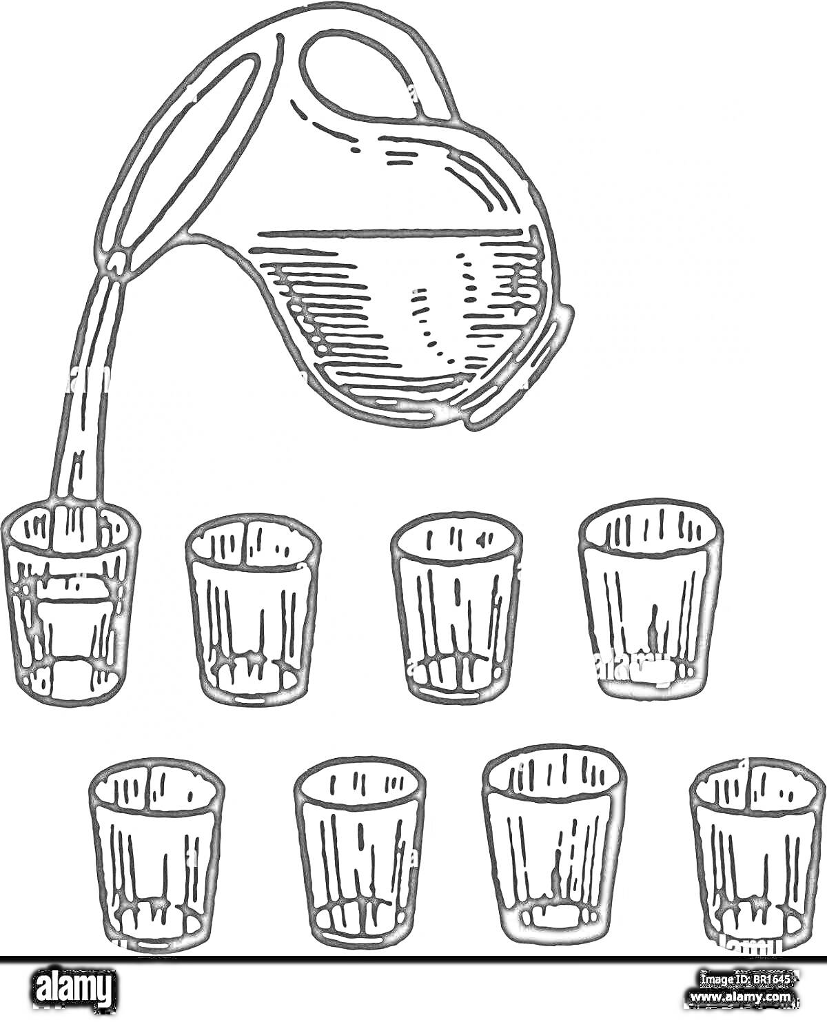 Раскраска Кувшин наливает воду в стакан, семь стаканов, статуя наливания воды