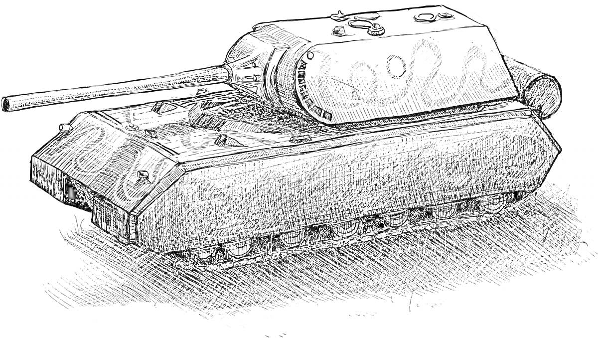 Раскраска немножко затейливый рисунок танка Маус на гусеницах с длинным стволом