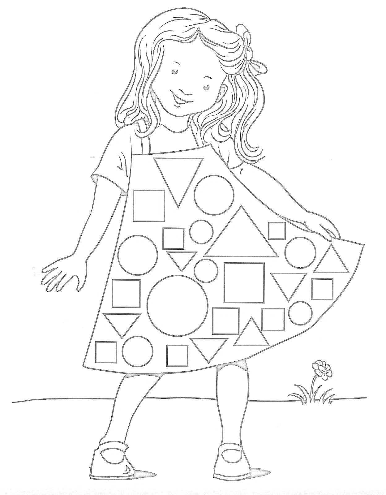 На раскраске изображено: Фигуры, Геометрия, Для малышей, Девочка, Платье