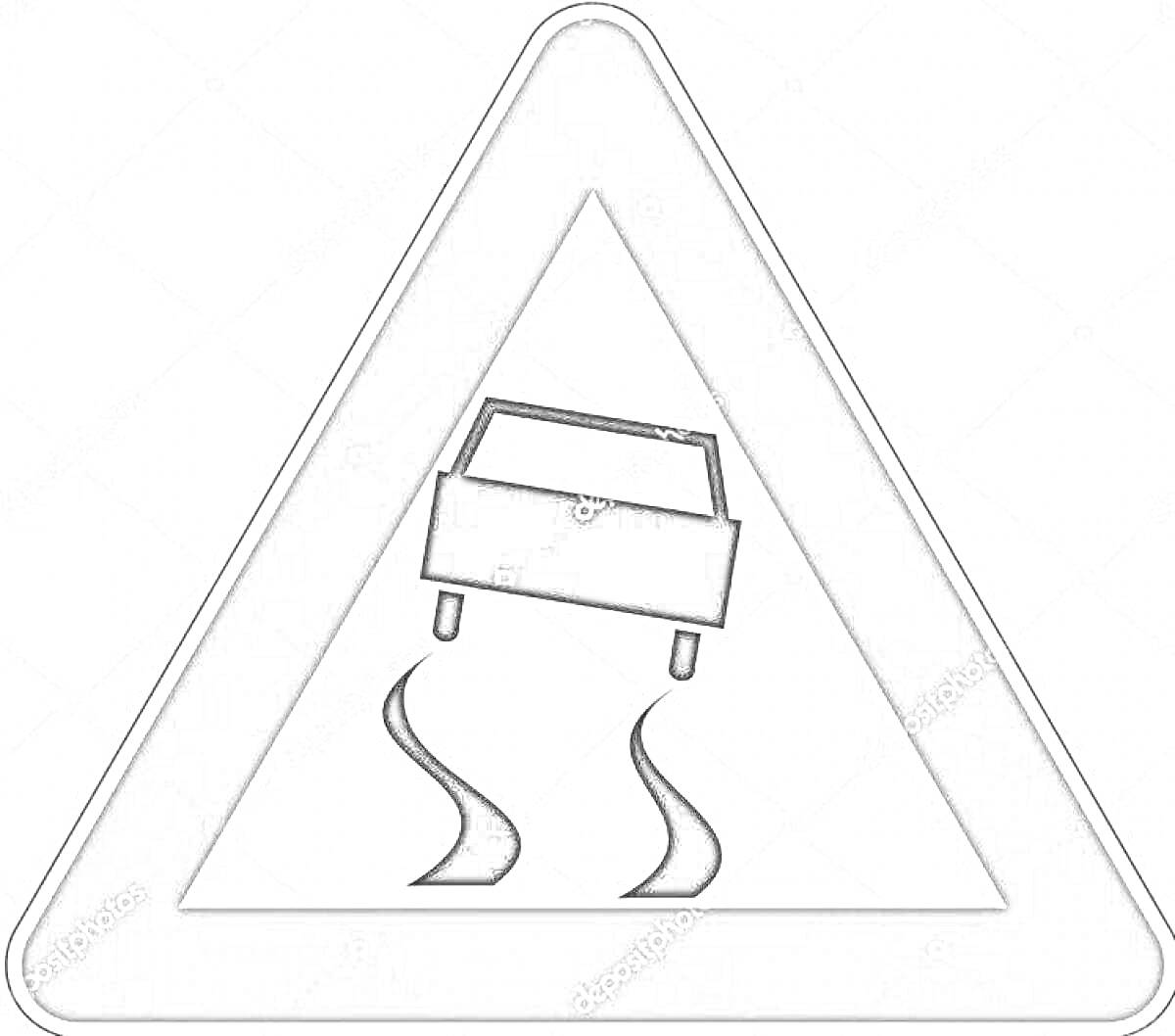 На раскраске изображено: Скользкая дорога, Безопасность, Предупреждение, Знак