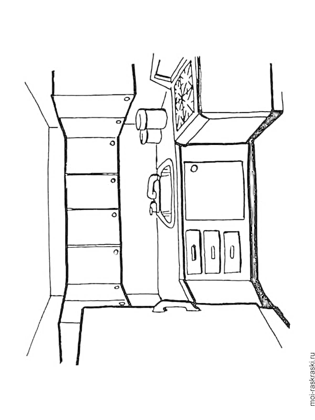 Раскраска Кухня с раковиной, плитой, шкафами и полками