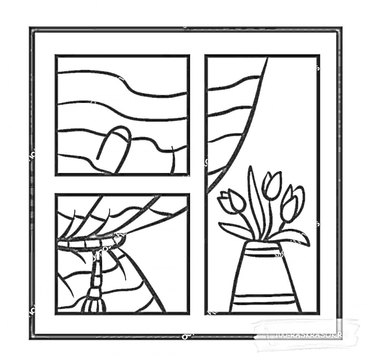 Раскраска Окно с занавесками и вазой с тюльпанами