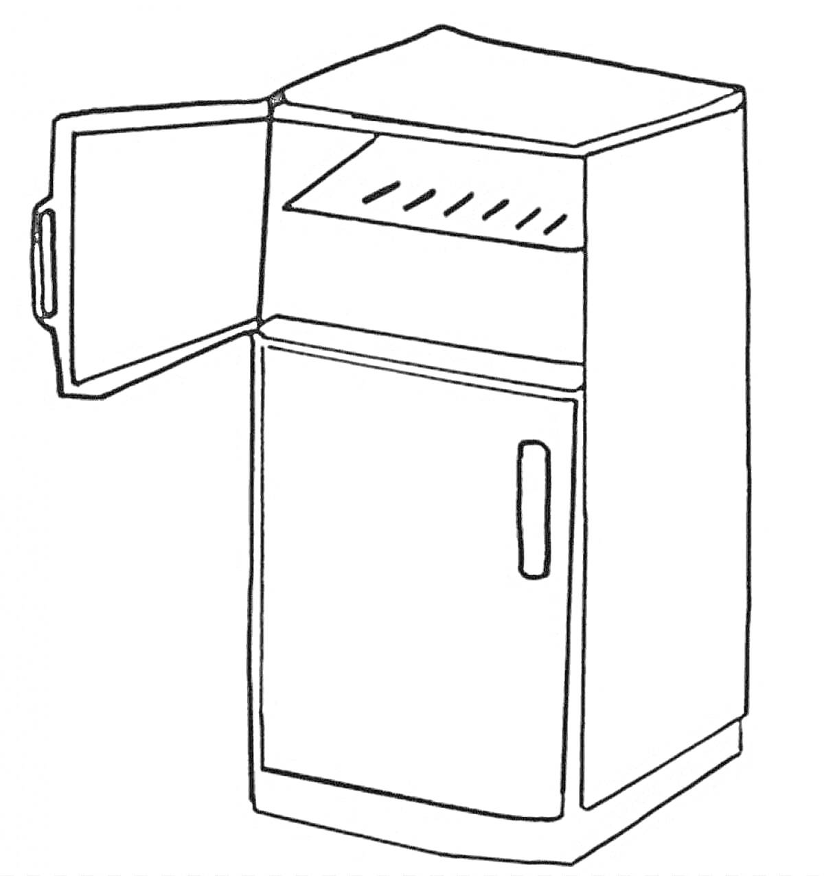 Раскраска Холодильник с открытой верхней дверцей и закрытой нижней дверцей