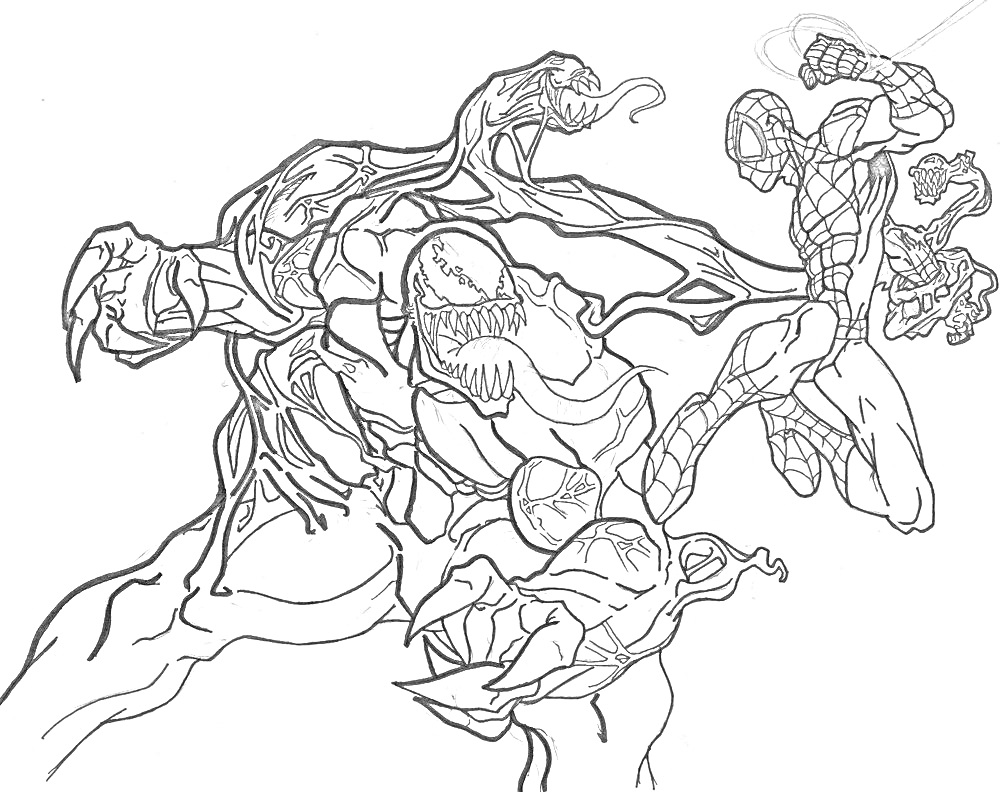 Раскраска Веном и ядовитые симбиоты в битве с Человеком-Пауком