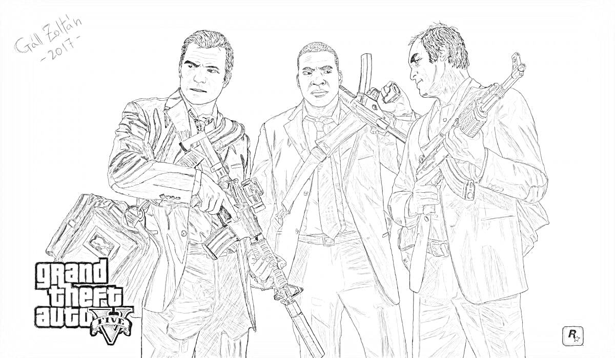 Раскраска Трое мужчин с оружием из игры ГТА5, логотип Grand Theft Auto V