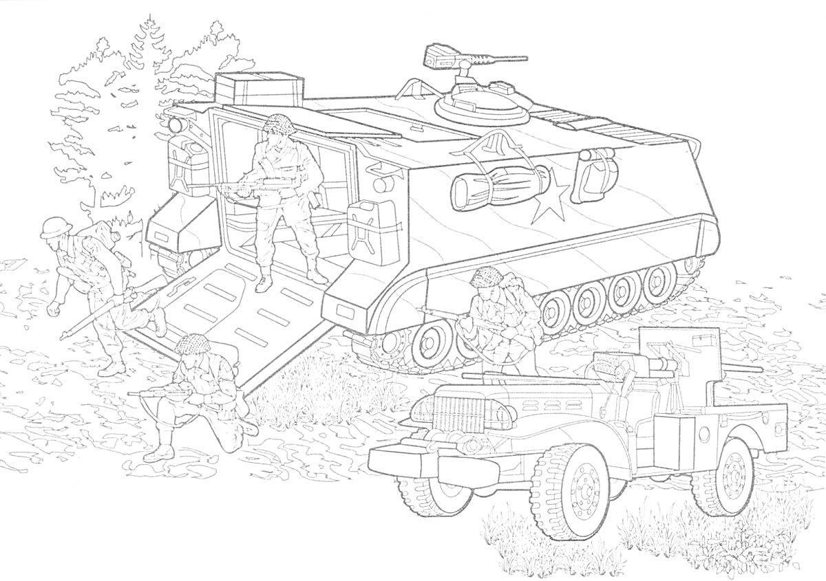 Раскраска Боевая сцена с выходящими солдатами из бронетранспортера и военным грузовиком