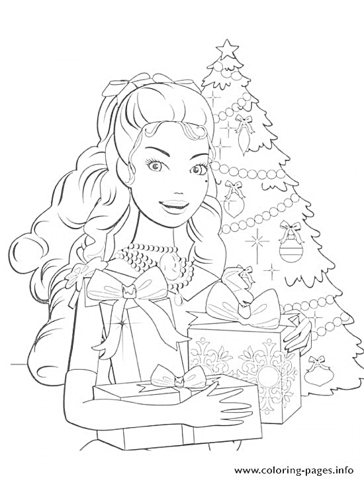 На раскраске изображено: Зима, Новый год, Девочка, Подарки, Новогодняя елка, Украшения, Праздники