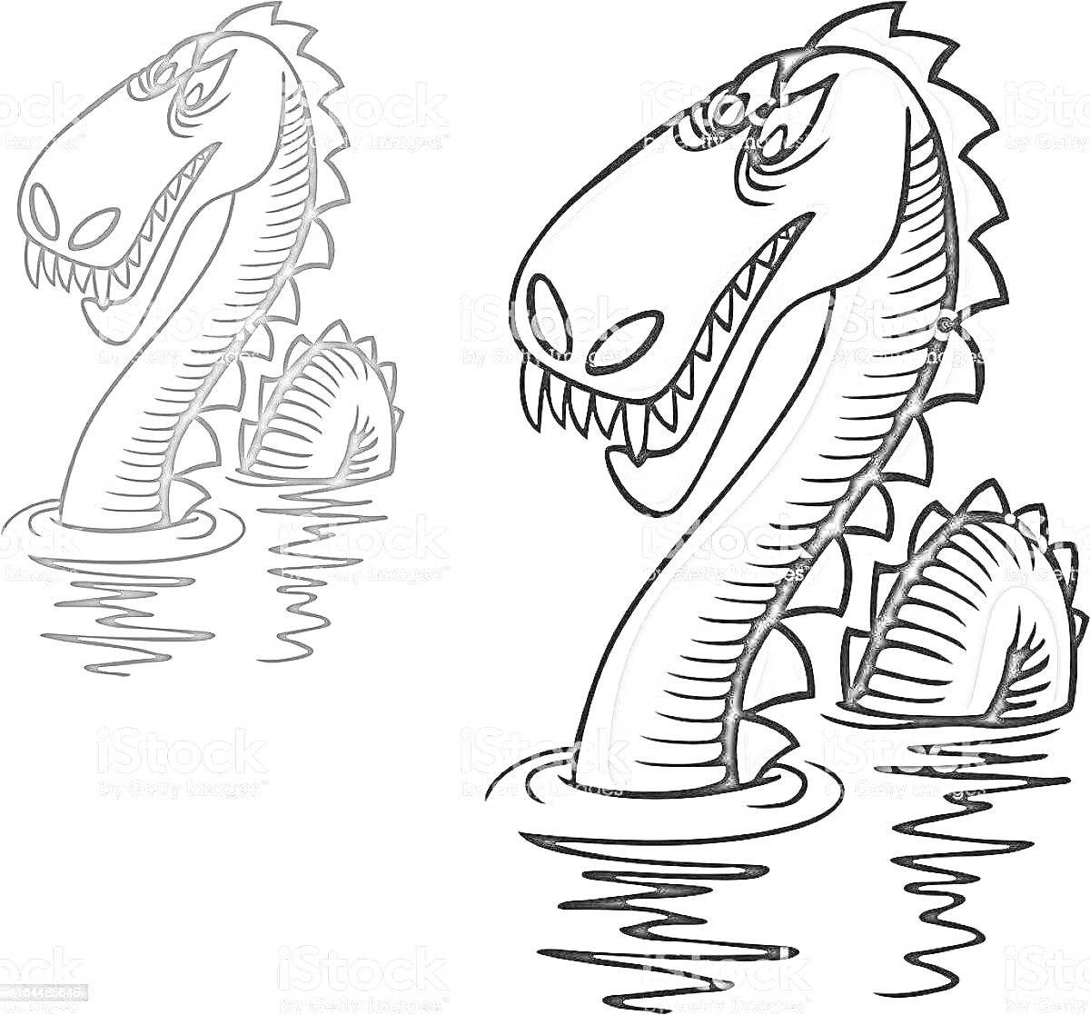 Раскраска Лохнесское чудовище с двумя головами, глазами, зубами и спиной, выглядывающими из воды