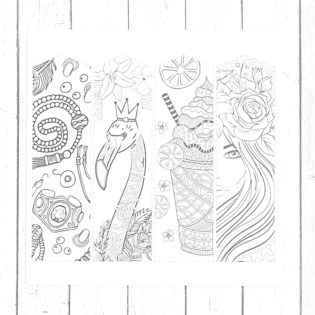 Раскраска Антистресс раскраска с узором спирали, цветами, коронованным фламинго, коктейлем с слайсами фруктов и дольками лимона, элементами музыки и половиной лица девушки с длинными волосами и цветком в волосах.