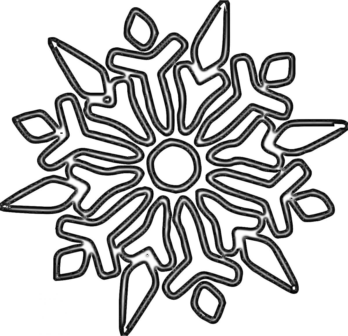 Раскраска Снежинка с шестью крупными симметричными ответвлениями и центральным кругом