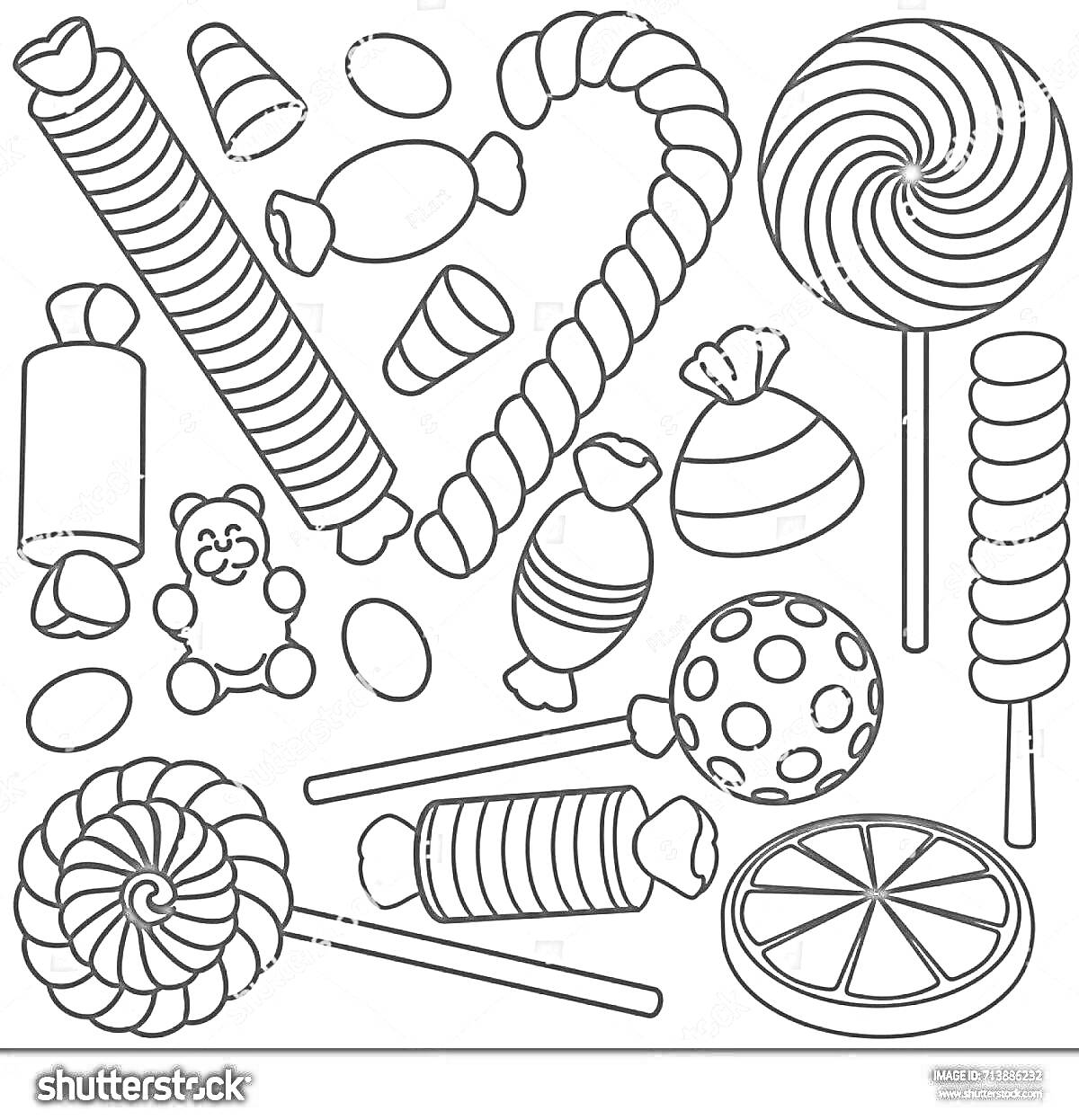 Раскраска Конфеты, леденцы, карамель в форме сердца, шоколадные яйца, мармеладный медвежонок, карамельные трости, круглые леденцы на палочке, карамельные дольки