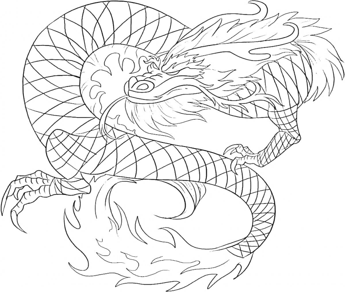 Раскраска Китайский дракон с чешуйчатым телом и огненными элементами