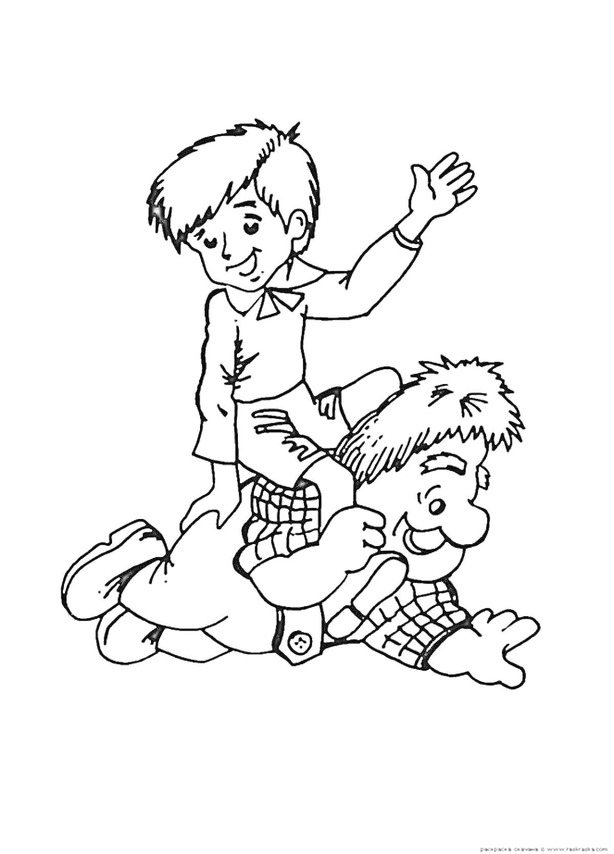 Раскраска Мальчик на спине у Карлсона, мальчик машет рукой