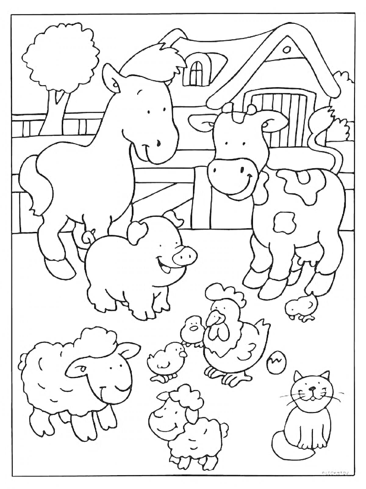 На раскраске изображено: Ферма, Домашние животные, Лошадь, Корова, Цыплята, Кот