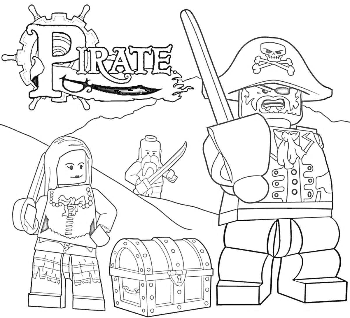 На раскраске изображено: Роблокс, Пираты, Пиратка, Сундук с сокровищами, Игра