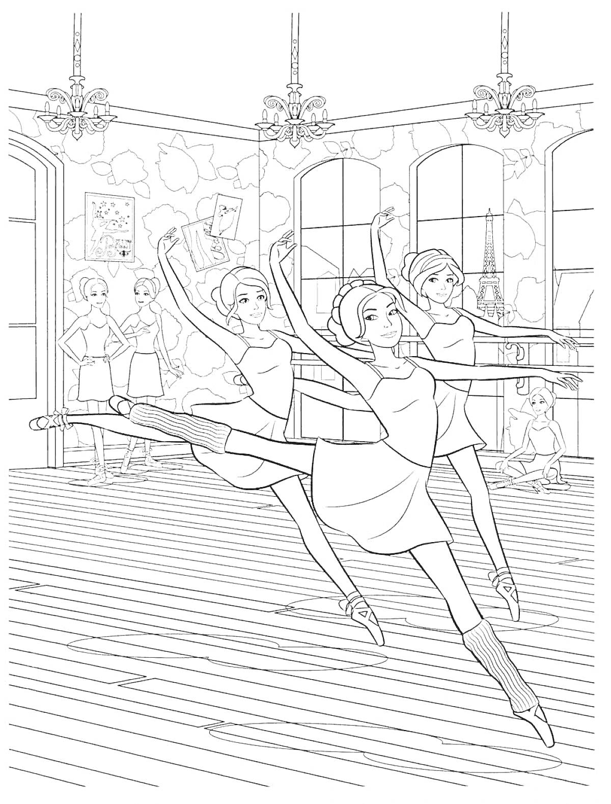 На раскраске изображено: Барби, Гимнастка, Балет, Балерина, Зал, Тренировочный зал, Окна, Эйфелева башня