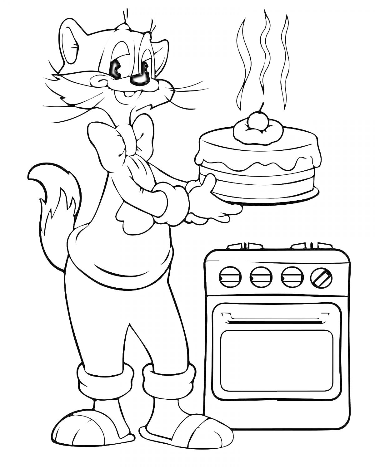 Кот держит торт перед плитой