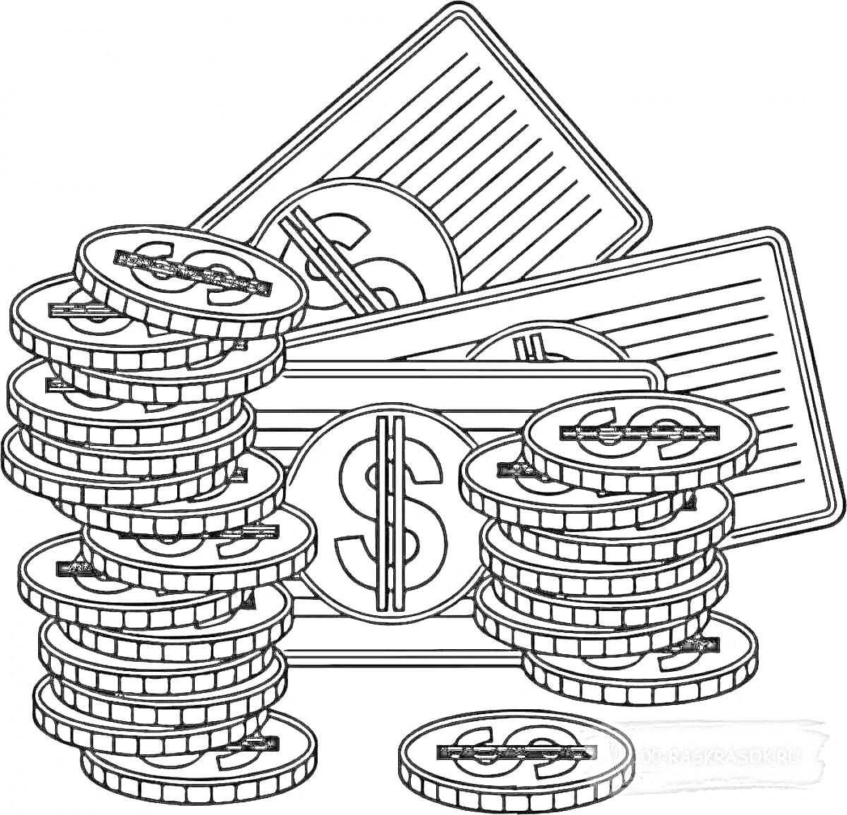 На раскраске изображено: Деньги, Монеты, Купюры, Доллар, Экономика, Финансы