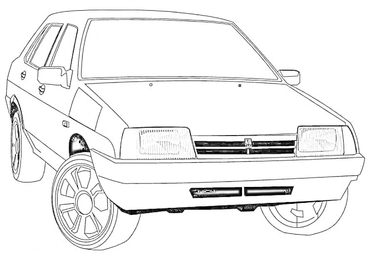 Раскраска Разукрашка с изображением автомобиля Девятка, вид спереди и сбоку, с большими фарами, характерной формы кузова и дисковыми колесами