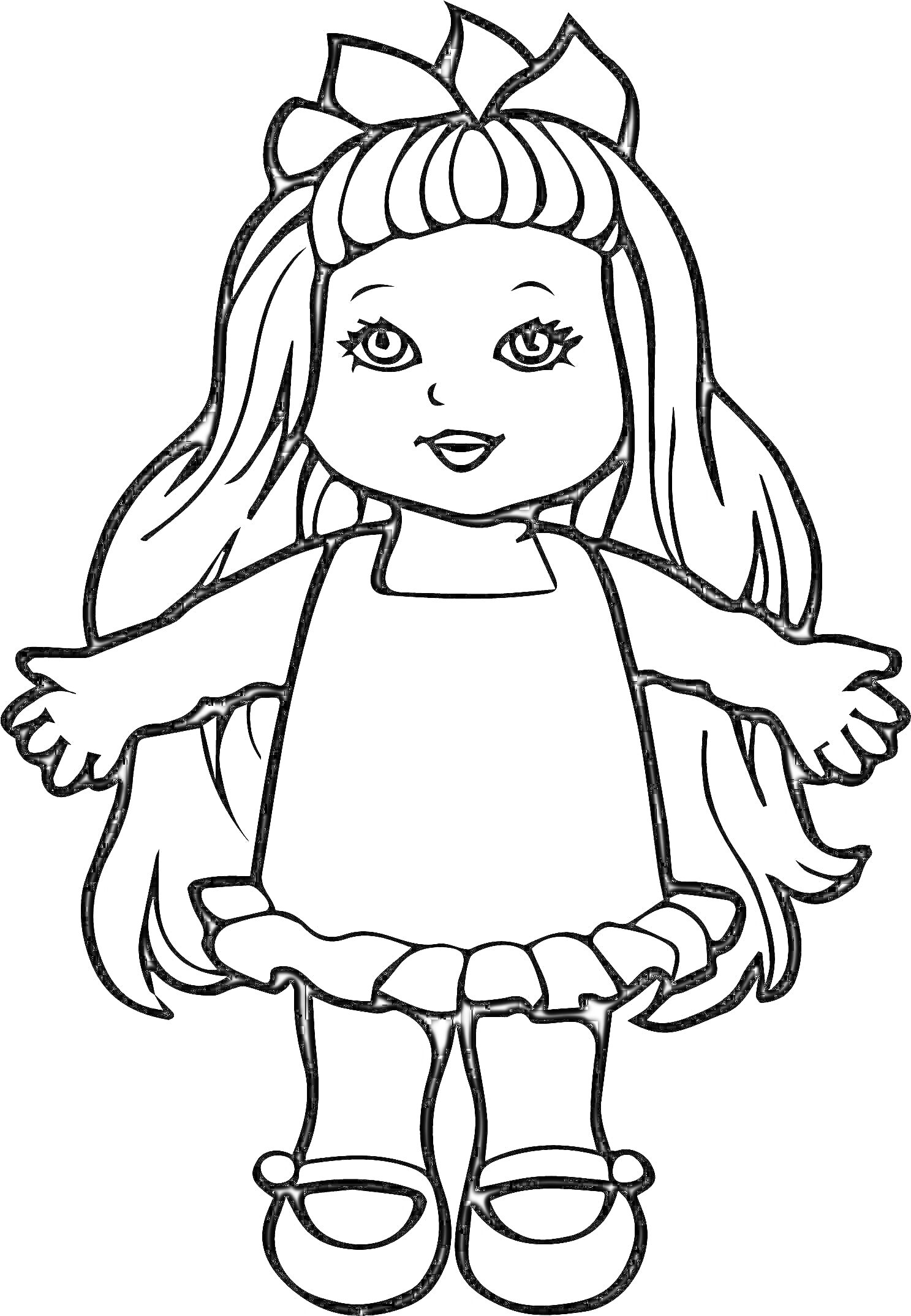 На раскраске изображено: Кукла, Длинные волосы, Бант, Платье, Туфли, Для детей, Руки в стороны, Девочка