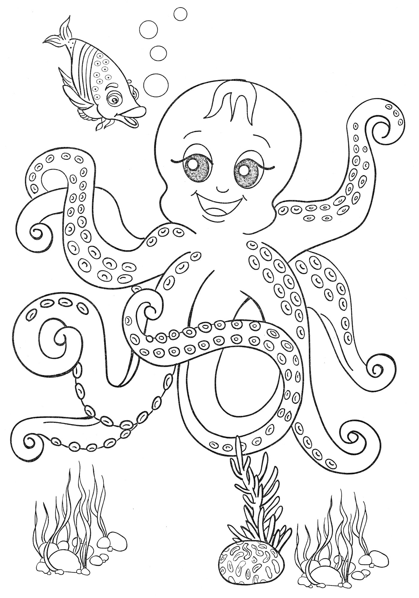 На раскраске изображено: Рыба, Водоросли, Подводный мир, Пузыри, Море, Животные, Океаны, Осьминоги, Морские животные