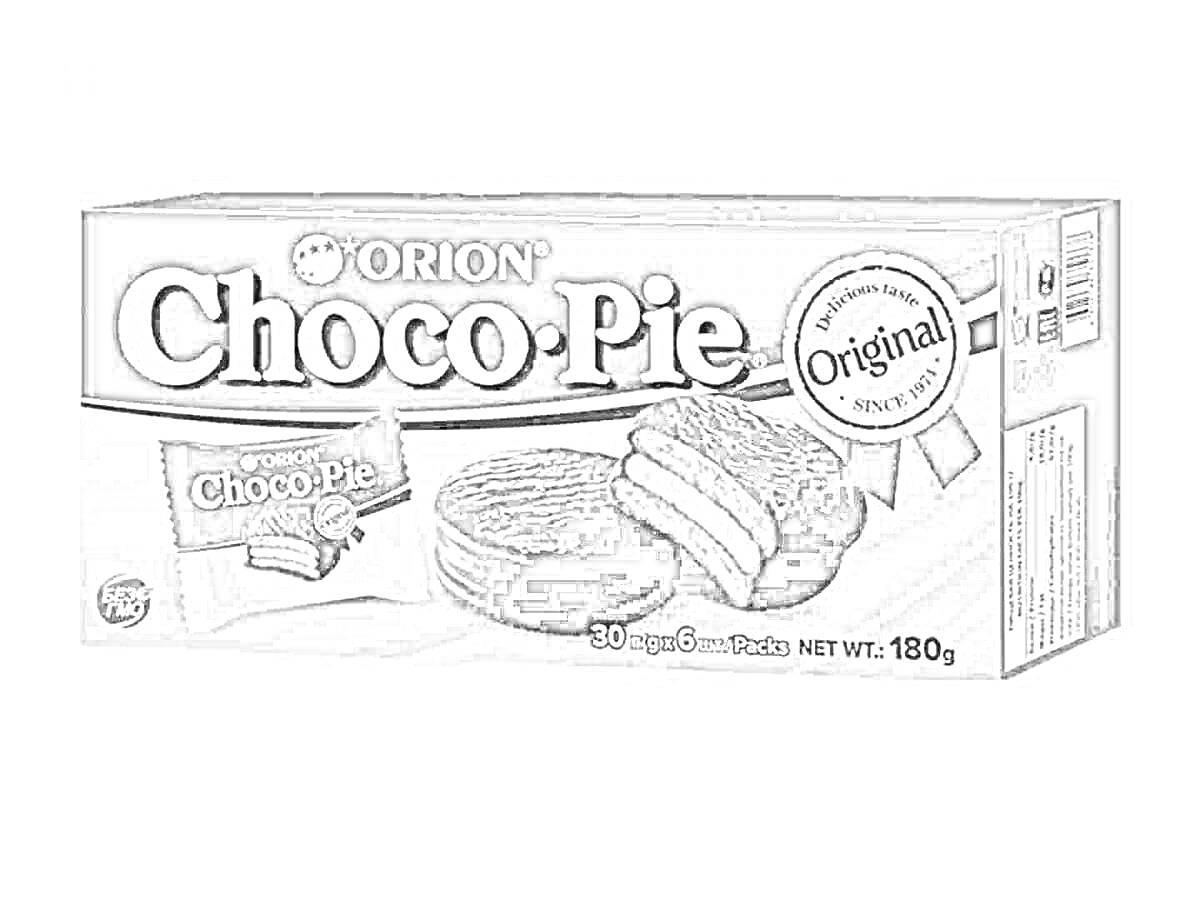 Раскраска Картинка упаковки Choco Pie Orion Original весом 180 граммов, с изображением вскрытой коробки, внешней упаковки одного пирожного и нескольких шоколадных пирожных Choco Pie в разрезе.