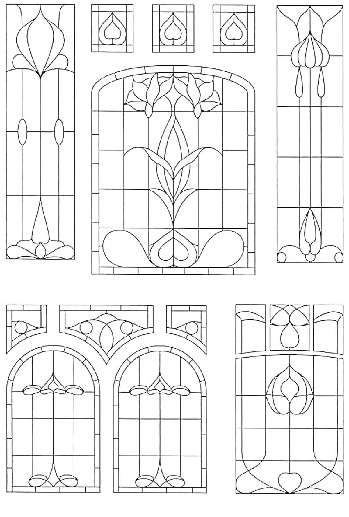 На раскраске изображено: Витраж, Окна, Цветы, Геометрия, Узоры, Декоративное искусство