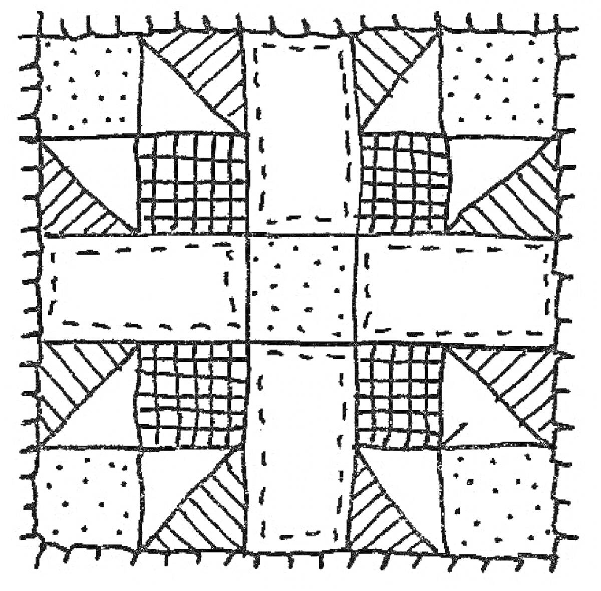 Раскраска Одеяло с узором из квадратов, треугольников и прямоугольников