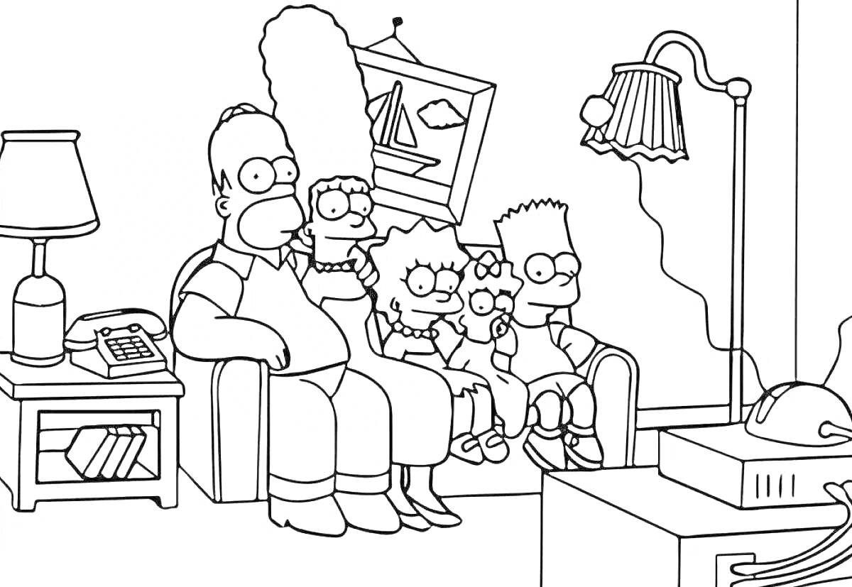 На раскраске изображено: Семья, Симпсоны, Телевизор, Гостиная, Диван, Обувь, Лампа, Стол, Телефон