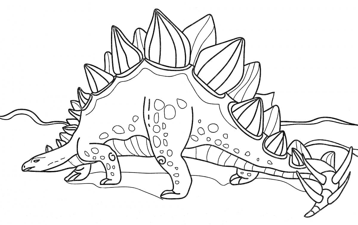 На раскраске изображено: Стегозавр, Динозавр, Вода, Берег, Пластины, Хвост