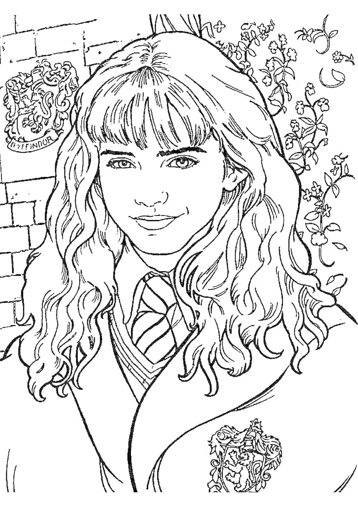 Портрет девушки-волшебницы в школьной форме с эмблемой Гриффиндора на фоне стен и растений