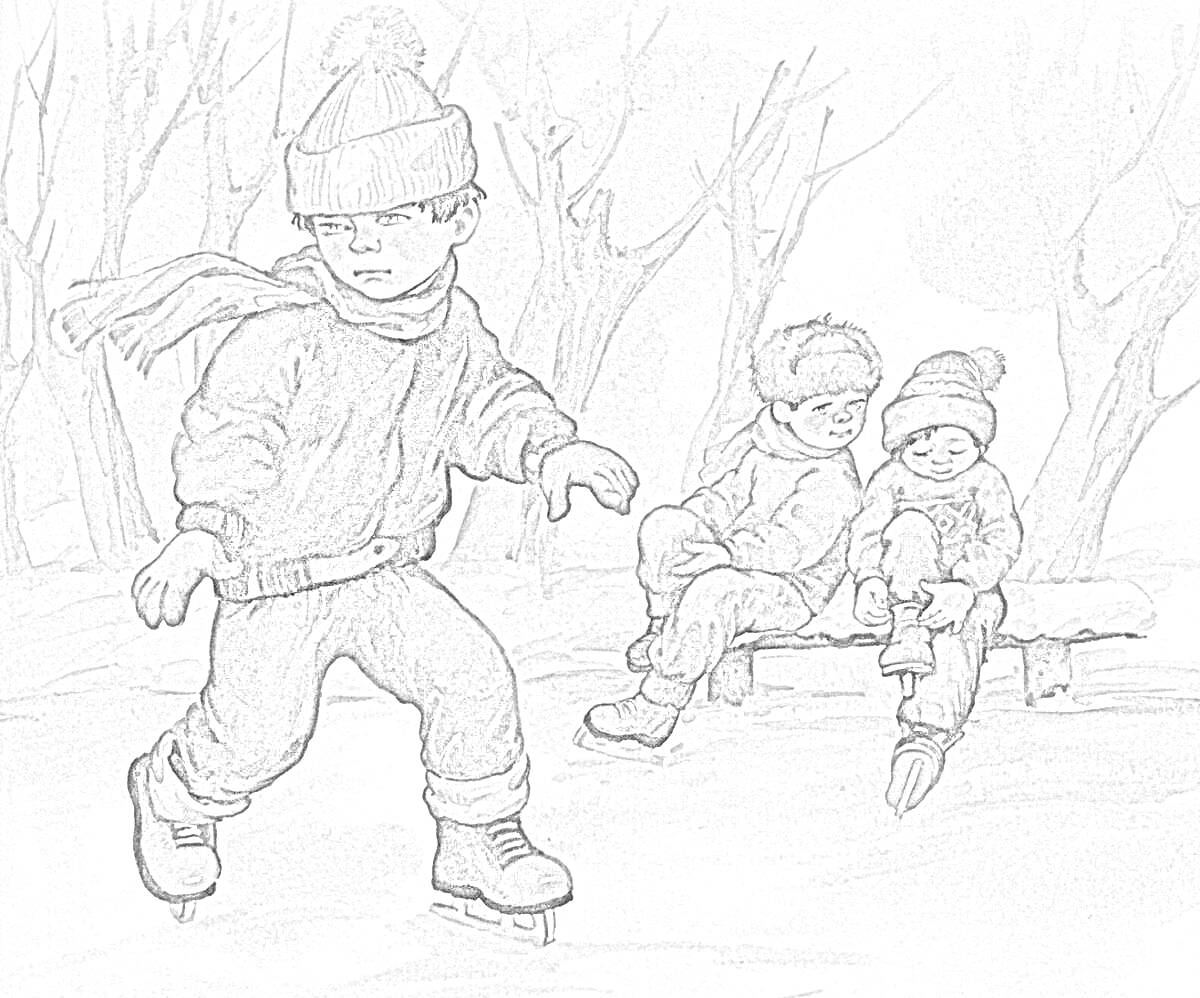 На раскраске изображено: Мальчик, Коньки, Зима, Деревья, Снег, Зимний пейзаж, Девочка, Скамейки