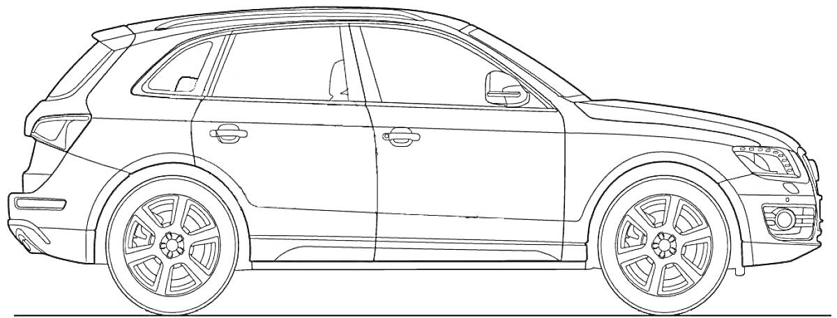 Раскраска Контурное изображение Audi Q7 в профиль, вид сбоку с детализацией кузова, колёс и окон.