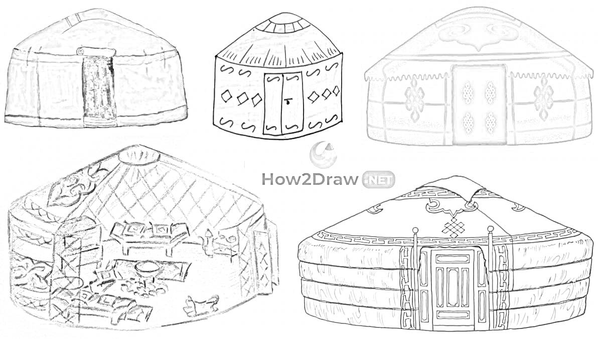 Раскраска Виды бурятских юрт с различных ракурсов, включая наружные и внутренние элементы