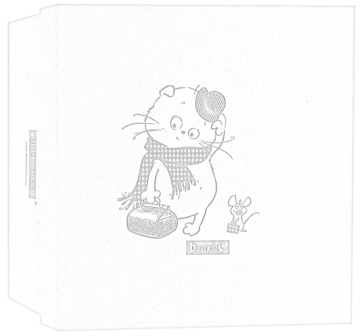 На раскраске изображено: Басик, Шляпа, Шарф, Коробка, Игрушки, Мышь, Чемоданы