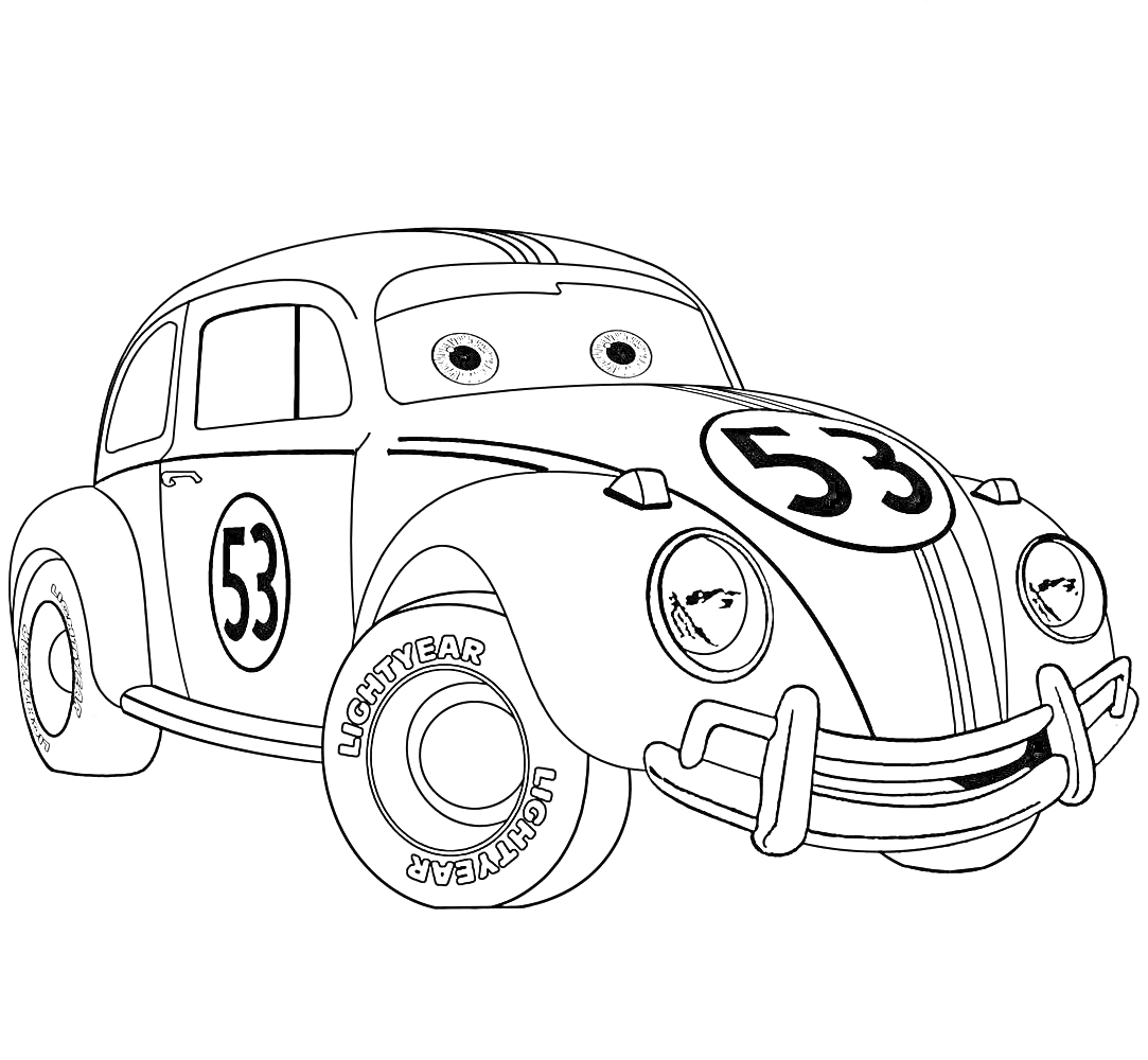 Раскраска Рисунок автомобиля, напоминающий Volkswagen Beetle, с глазами на лобовом стекле, наклейкой 