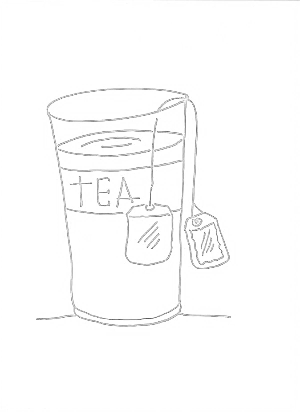 На раскраске изображено: Чай, Стакан, Чайный пакетик, Напиток