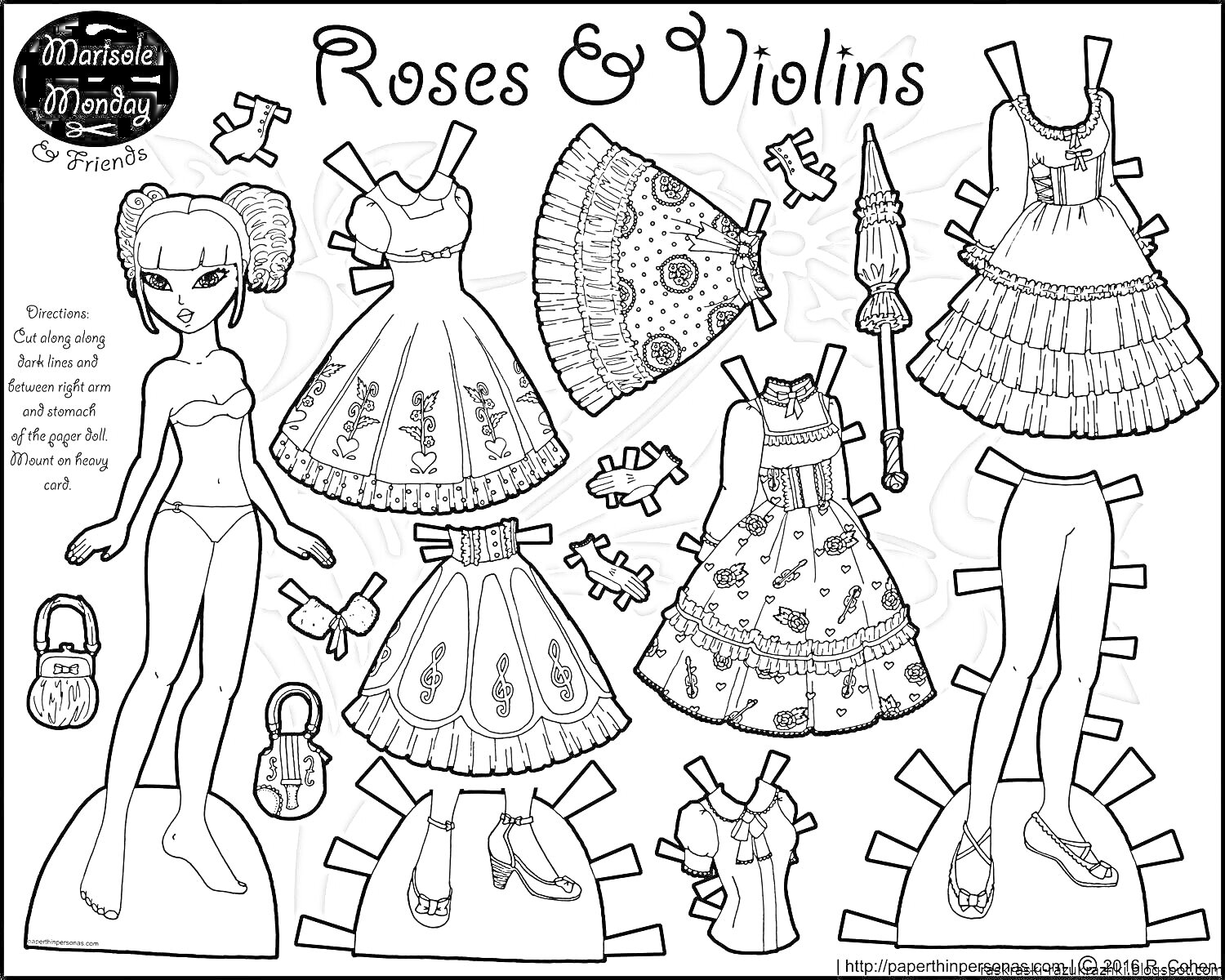 Раскраска Roses & Violins - кукла, четыре платья, две пары обуви, зонтик, сумочка