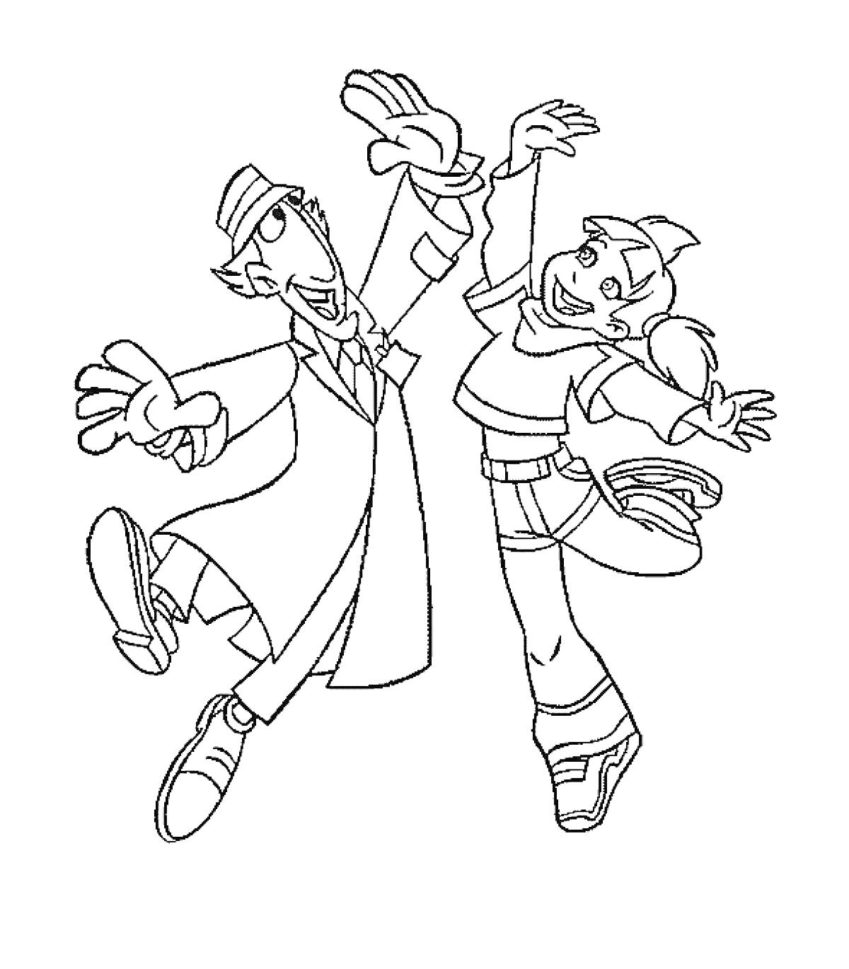 Раскраска Инспектор Гаджет и девочка с хвостиками, веселая поза, поднятые руки.