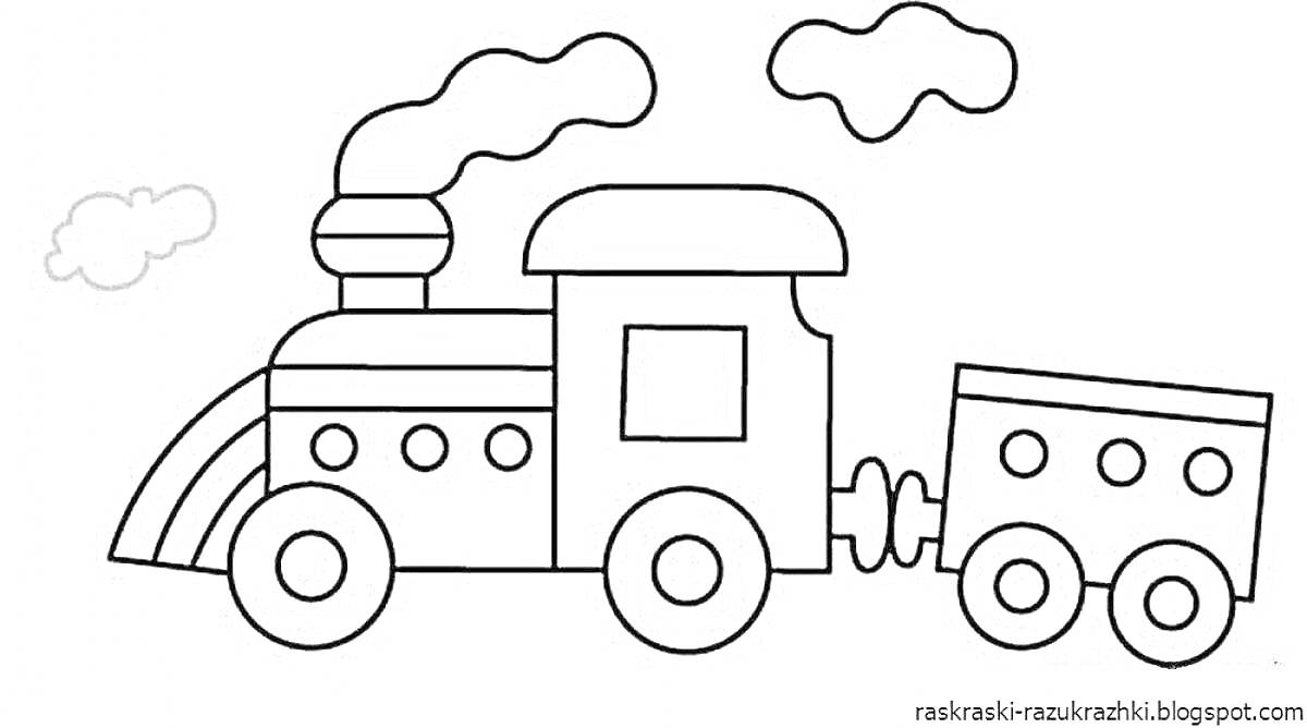 На раскраске изображено: Дым, Поезд, Облака, Для малышей, Детский сад, Вагоны, Паровоз
