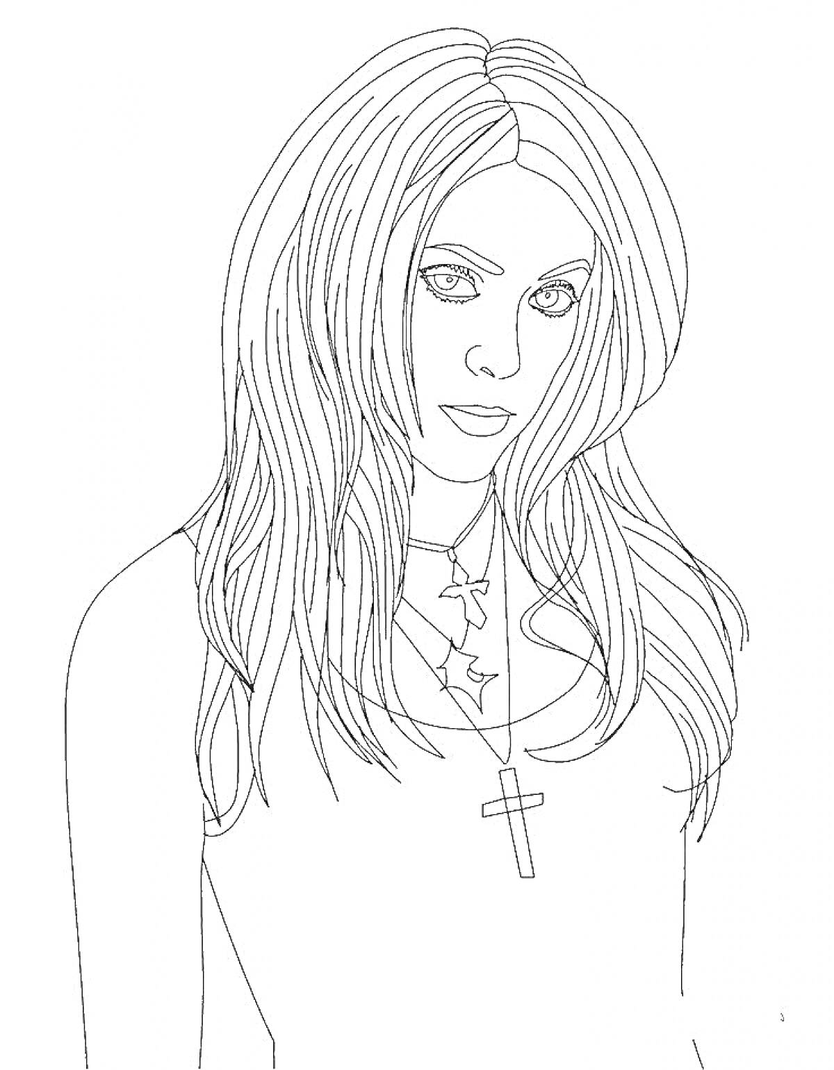 Раскраска Девушка с длинными волосами и крестом на шее