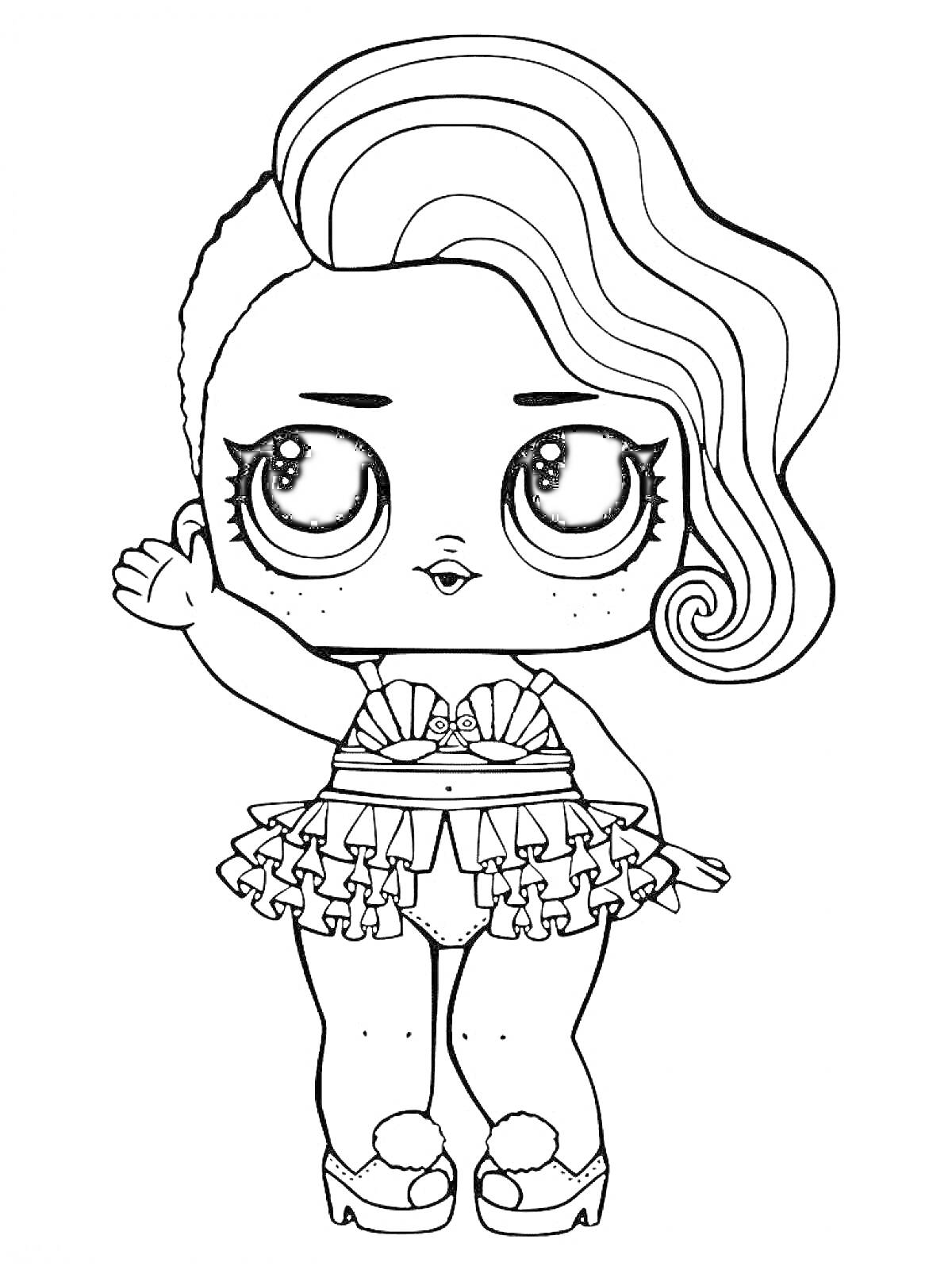 Девочка ЛОЛ с волнистыми волосами и рюками, в юбке и туфлях с бантиками, с поднятой рукой и веснушками на лице