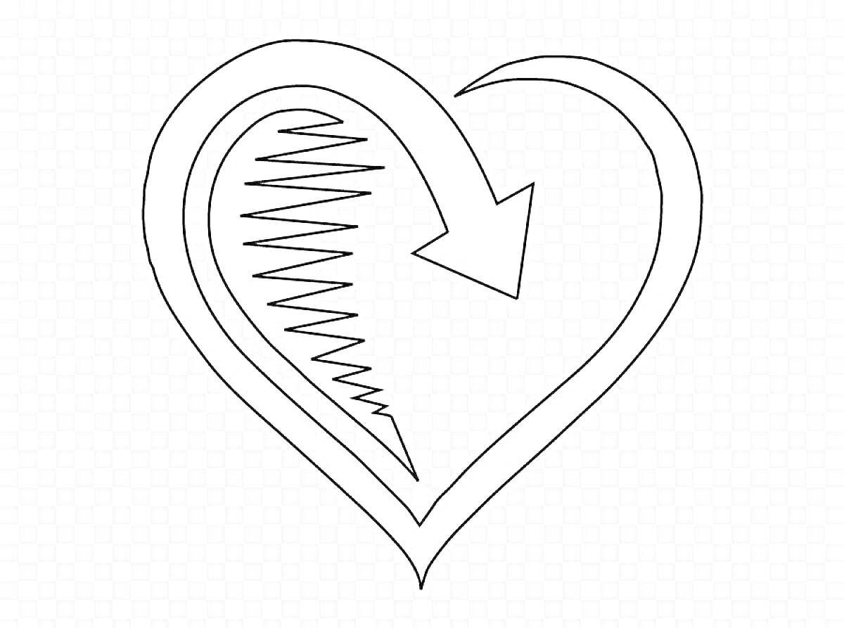 Раскраска Сердечко с диагональными штрихами и стрелкой внутри