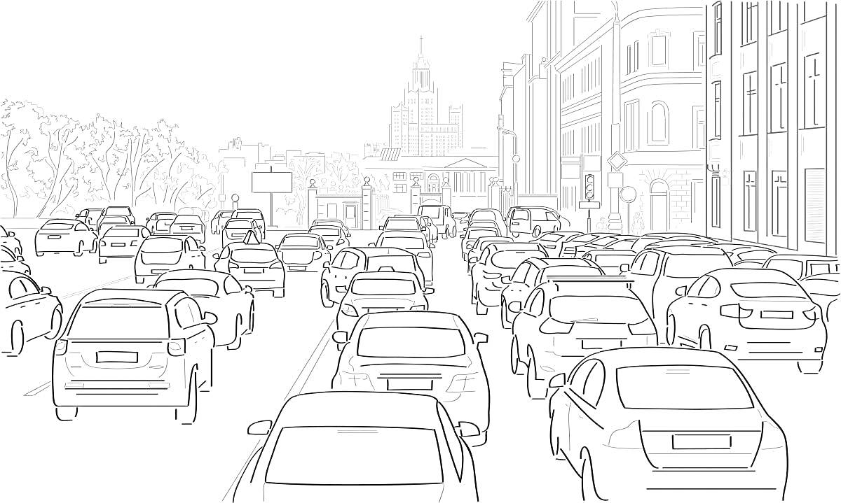 Раскраска Городской трафик с легковыми автомобилями, высокими зданиями и деревьями вдоль дороги