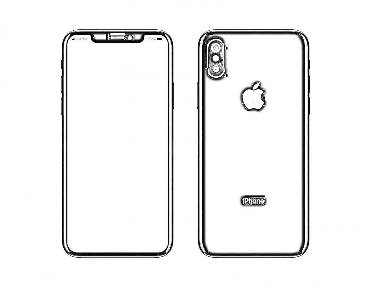 Раскраска iPhone X с изображением передней и задней стороны телефона, включая экран, кнопку регулировки громкости, кнопки, логотип Apple, камеры