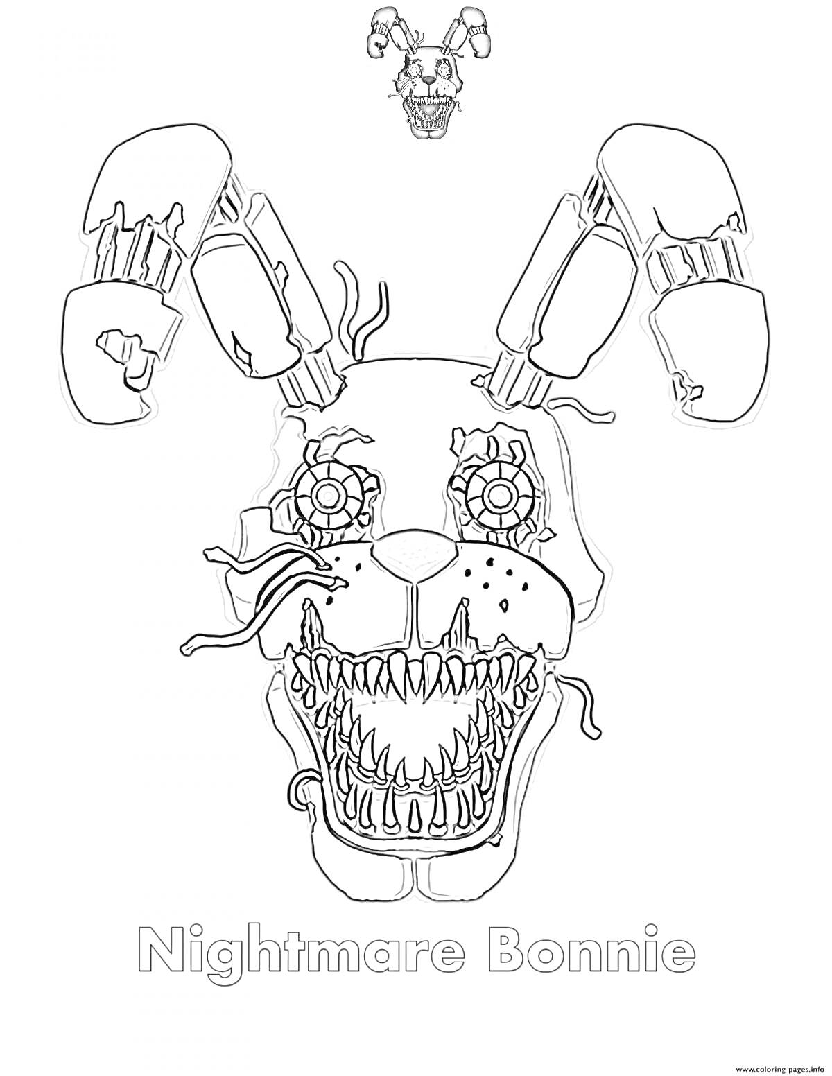 На раскраске изображено: Бонни, Кошмарный, Голова, Механические детали, Аниматроник