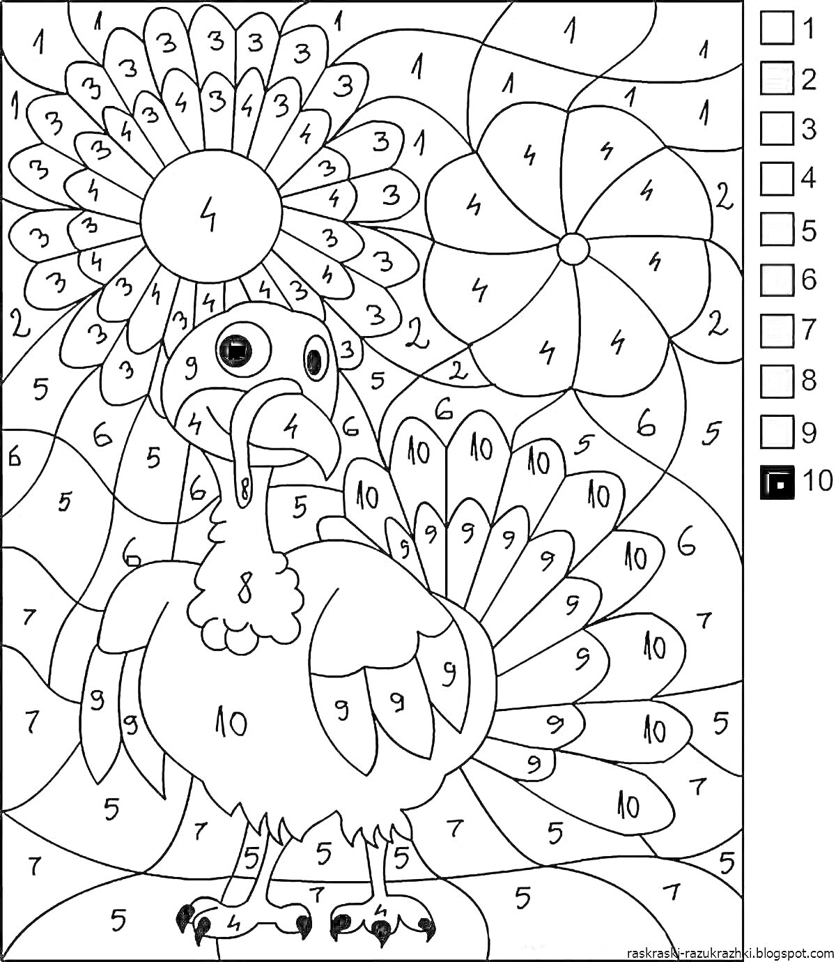 На раскраске изображено: Индейка, Цветы, Для детей, Цифры, 6 лет, 7 лет, Семейное, Учимся считать, Творчество, По номерам