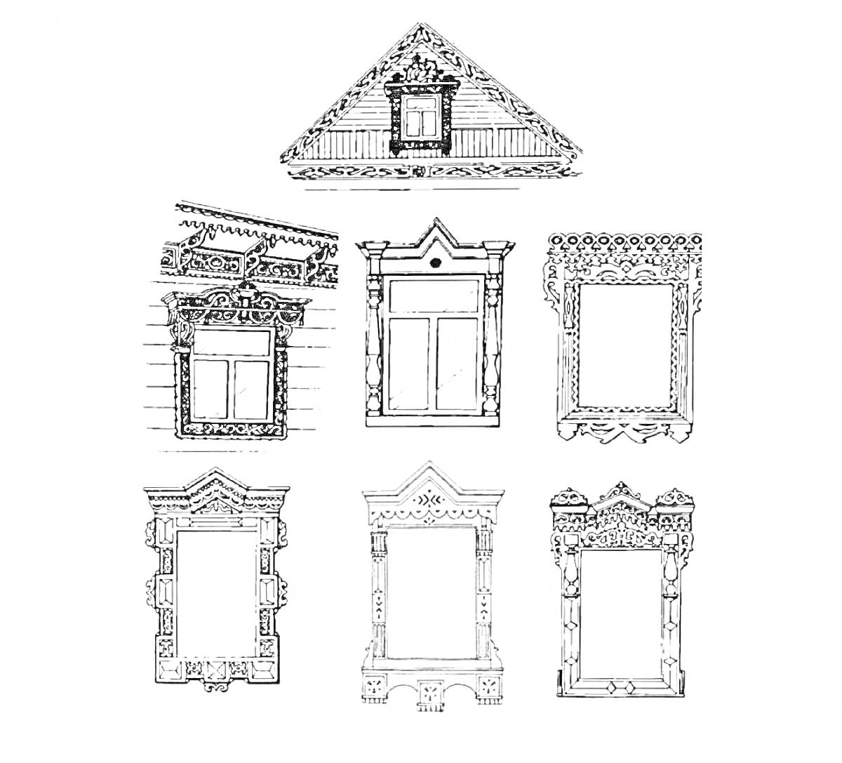 Окно со ставнями и декорированными наличниками: треугольная крыша с окном, три окна с наличниками, два окна с наличниками с декоративными фризами, наличник с рельефным узором
