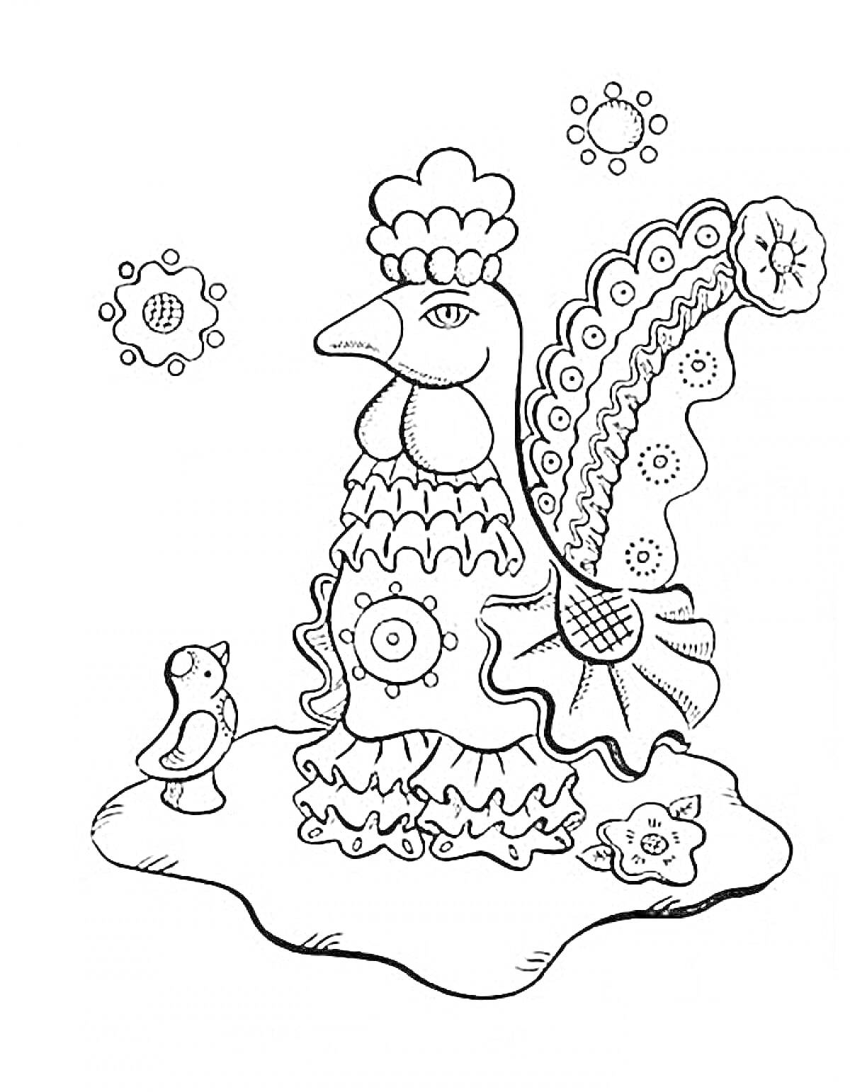 Петух с курочкой и цветами на земле в стиле дымковской игрушки